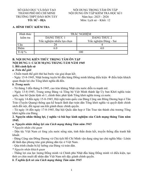 Đề cương ôn tập Học kì 1 Lịch sử 12 năm 2025–2026 trường THPT Đào Sơn Tây (TP Hồ Chí Minh)